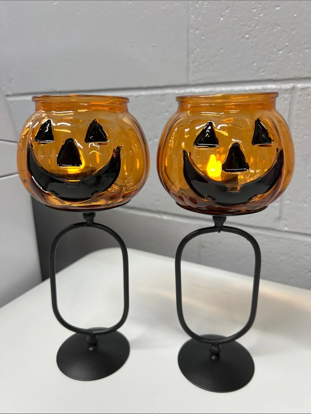 Orange Jack-O'-Lantern Glass Candle Holders
